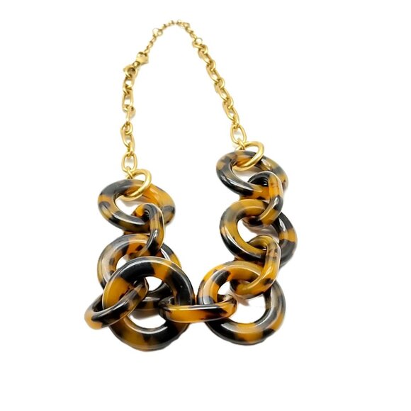 J. Crew Tortoise Shell Chain Link Statement Necklace Gold Tone Chunky - Picture 10 of 11